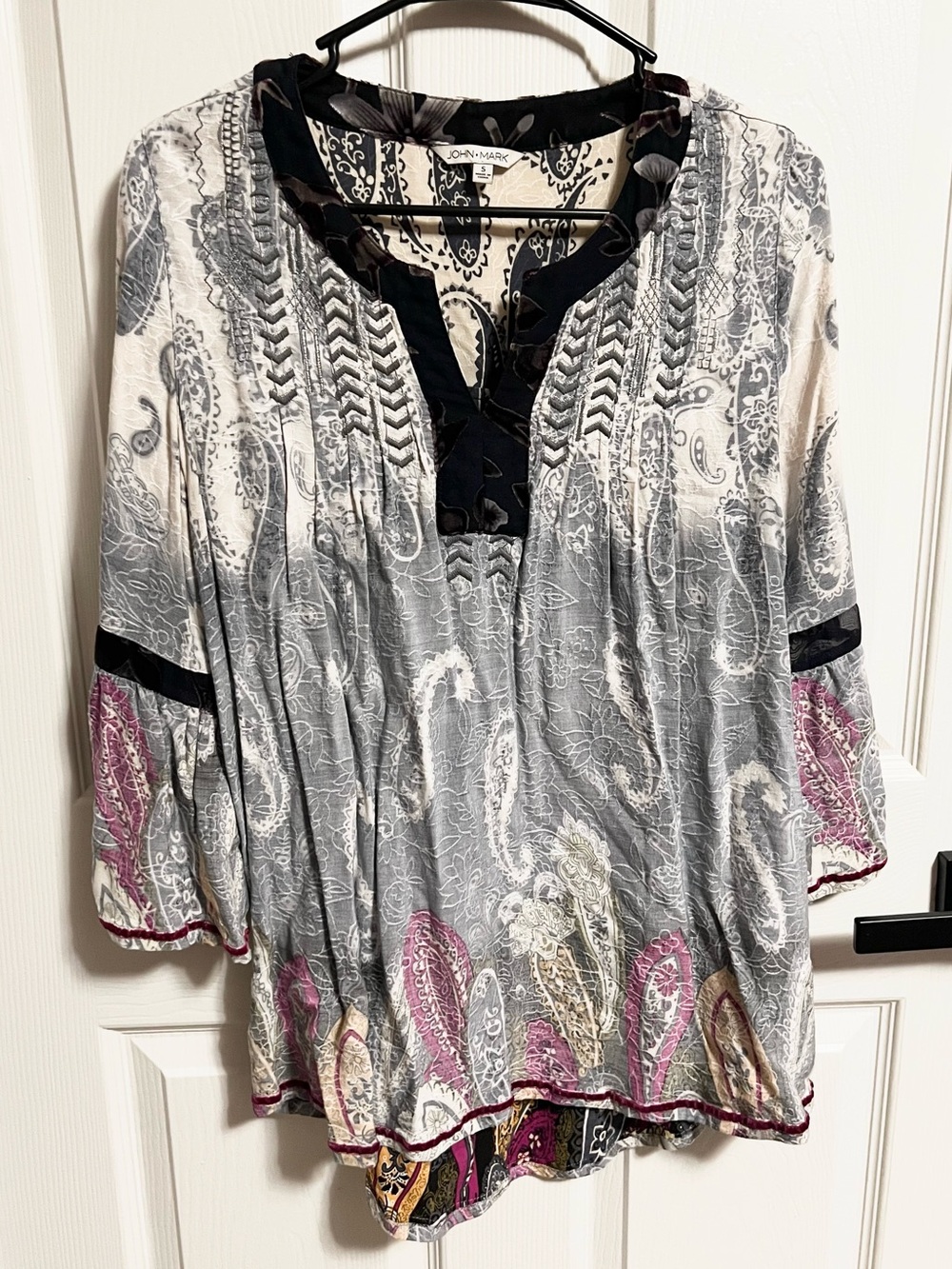 JOHN MARK BOHO paisley velvet detail blouse size S